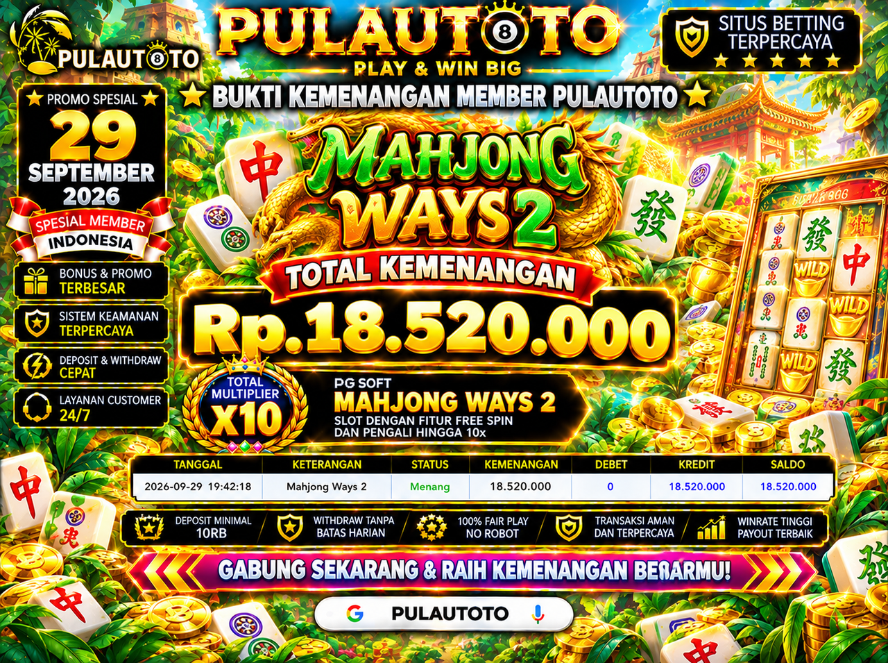 🏆 BUKTI KEMENANGAN MEMBER PULAUTOTO PG SOFT MAHJONG WAYS 2🏆