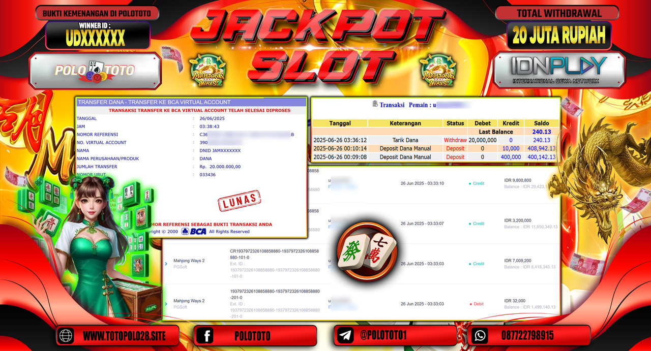 POLOTOTO JACKPOT SLOT MAHJONG WAYS 2 Rp.20.000.000,-
