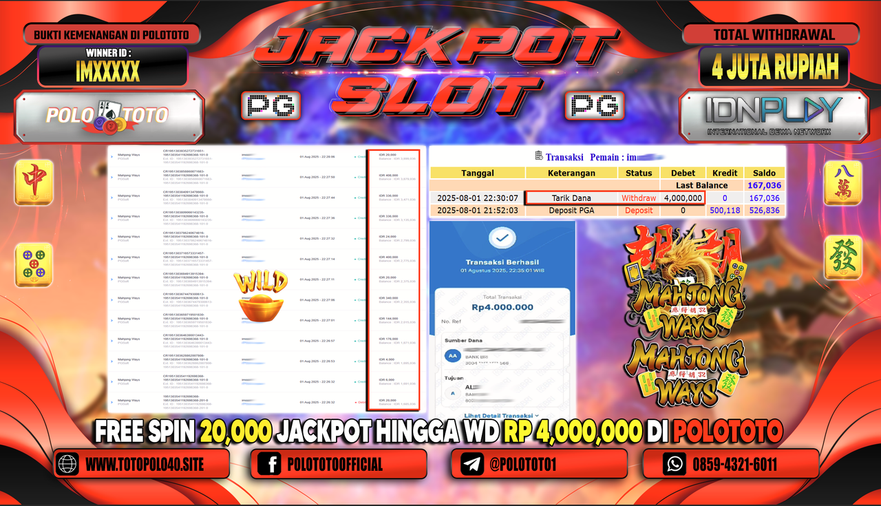 POLOTOTO JACKPOT SLOT MAHJONG WAYS Rp.4.000.000,-LUNAS