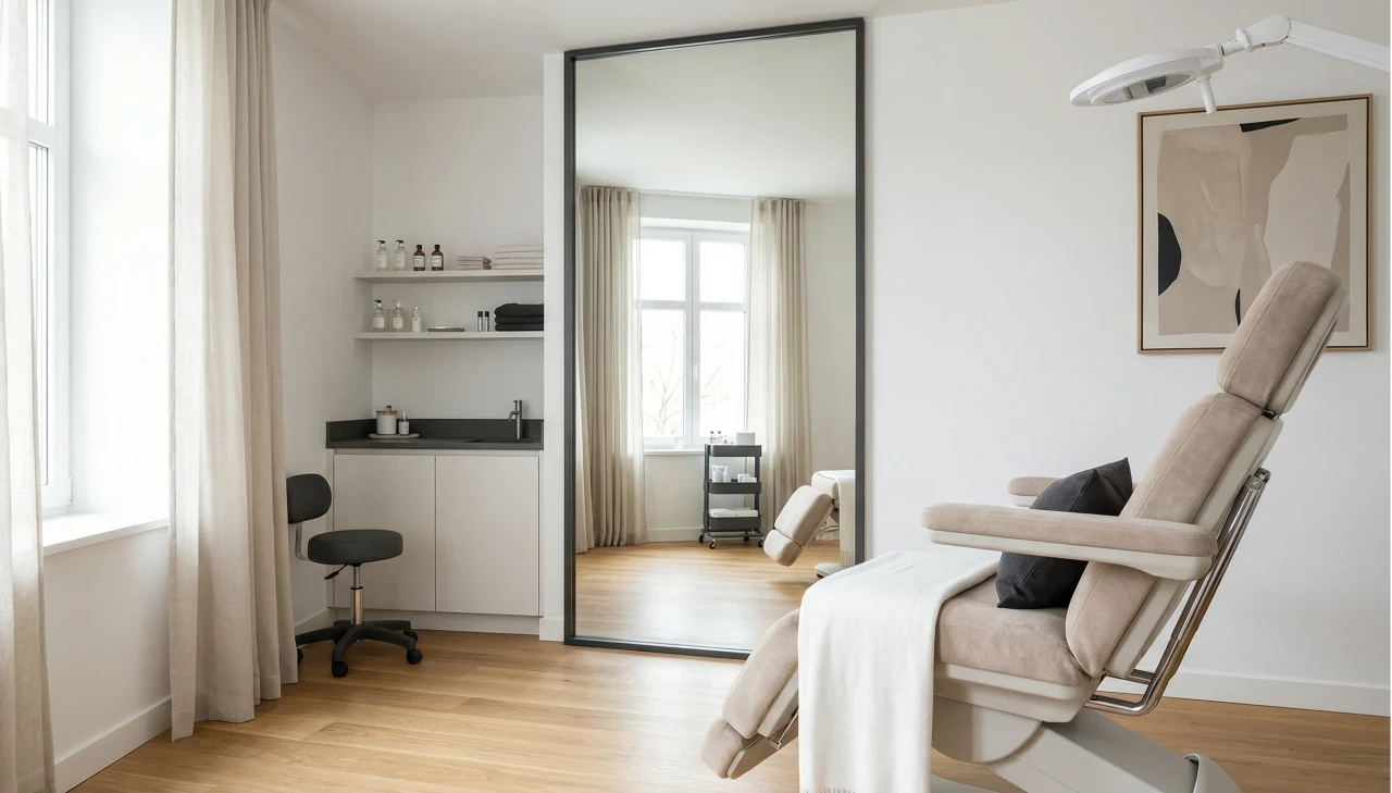 medical aesthetic room with warm neutral palette.