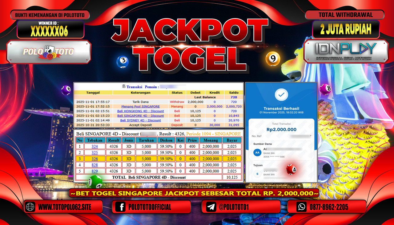 POLOTOTO JACKPOT TOGEL POOL SINGAPORE Rp.2.000.000,- LUNAS
