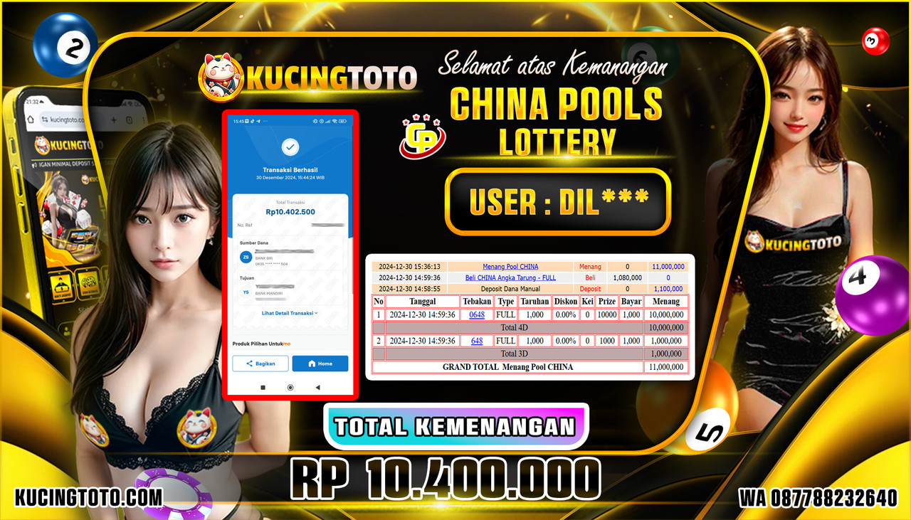 KUCINGTOTO JACKPOT TOGEL CHINA POOLS RP.10.400.000.,- LUNAS