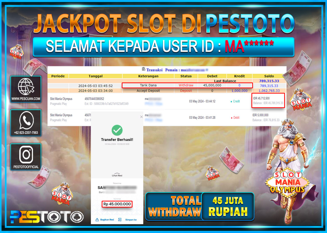 HANYA DI PESTOTO JP PASTI DI BAYAR LUNAS DAN CEPAT!!!!!! JP SLOT{ SLOT MANIA OLYMPUS } Rp.45.000.000 !!!!!