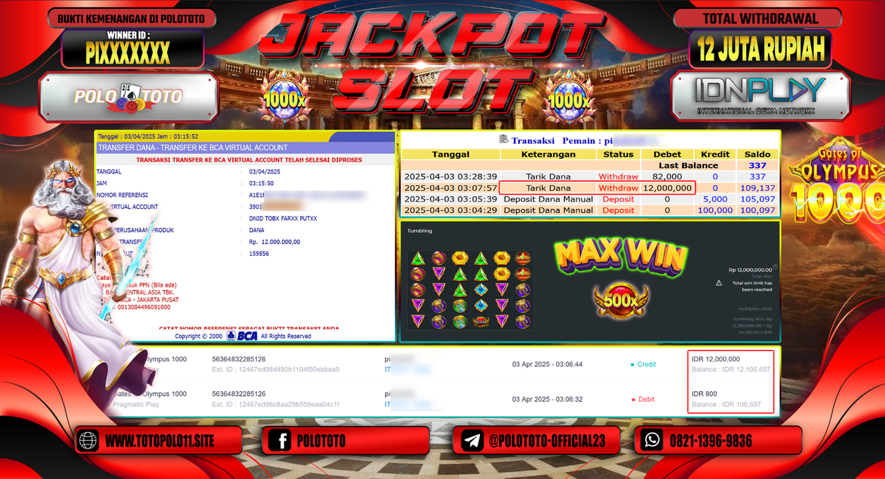 POLOTOTO JACKPOT SLOT GATES OF OLYMPUS 1000  Rp.12.000.000,-