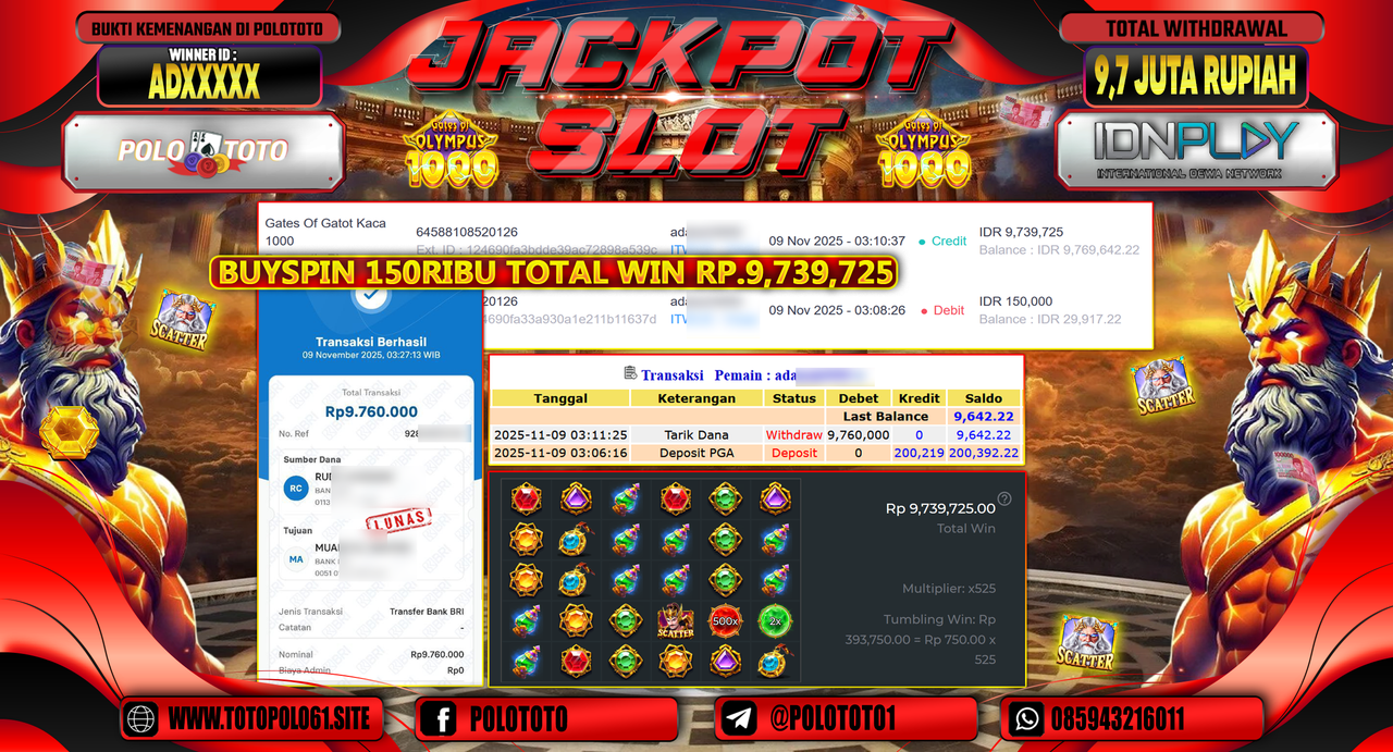 POLOTOTO JACKPOT SLOT GATES OF GATOT KACA 1000 Rp.9.700.000,- LUNAS