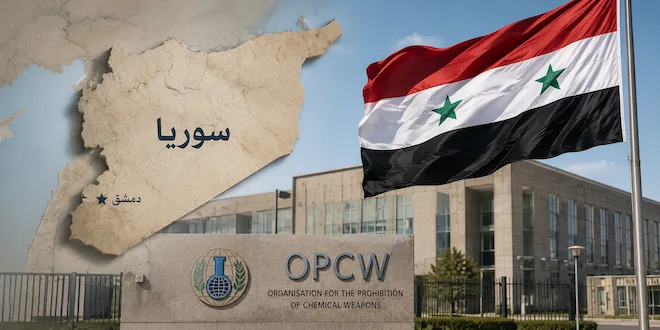 صورة توضيحية لخريطة سوريا مع الإشارة إلى العاصمة دمشق، إلى جانب علم سوريا ومبنى منظمة حظر الأسلحة الكيميائية OPCW، في مشهد يعكس بدء عملية تدمير بقايا الأسلحة الكيميائية الموروثة من عهد النظام السابق. (تم توليدها بالذكاء الإصطناعي)