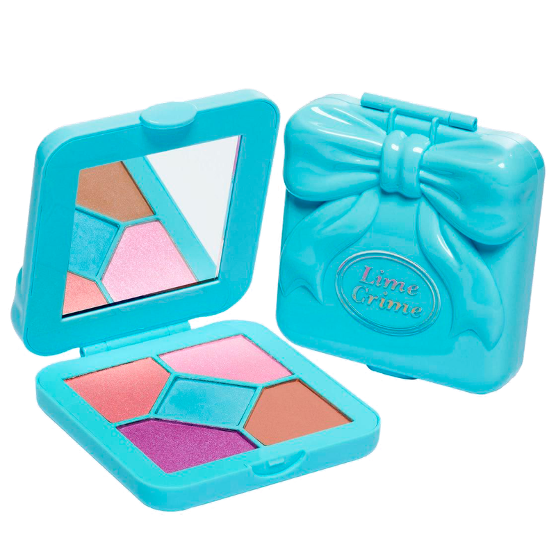 thick plastic pastel blue packaging with a giant bow made to resemble old polly pocket playsets. this was a limited edition palette made by Lime Crime in collaboration with Polly Pocket. It is no longer available for purchase.