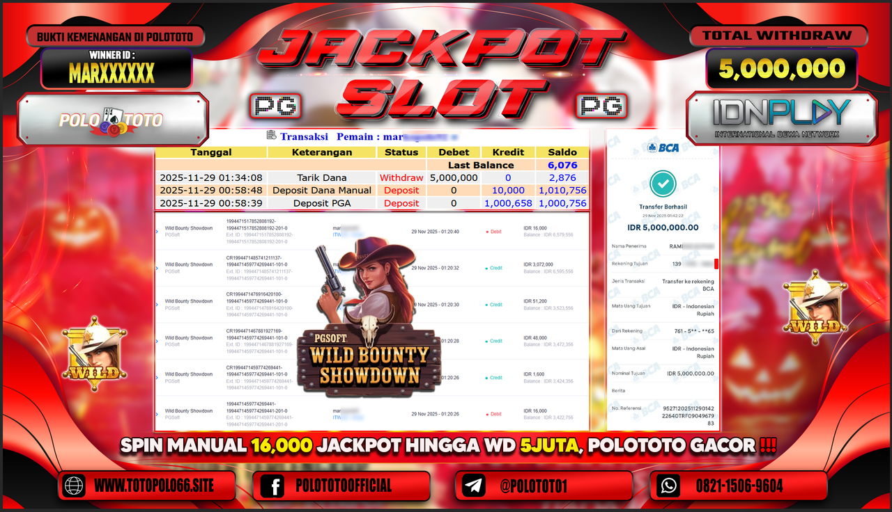 POLOTOTO JACKPOT SLOT WILD BOUNTHY SHOWDOWN Rp.5.000.000,- LUNAS