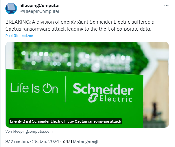 Cactus-Ransomware-Angriff auf Schneider Electric 