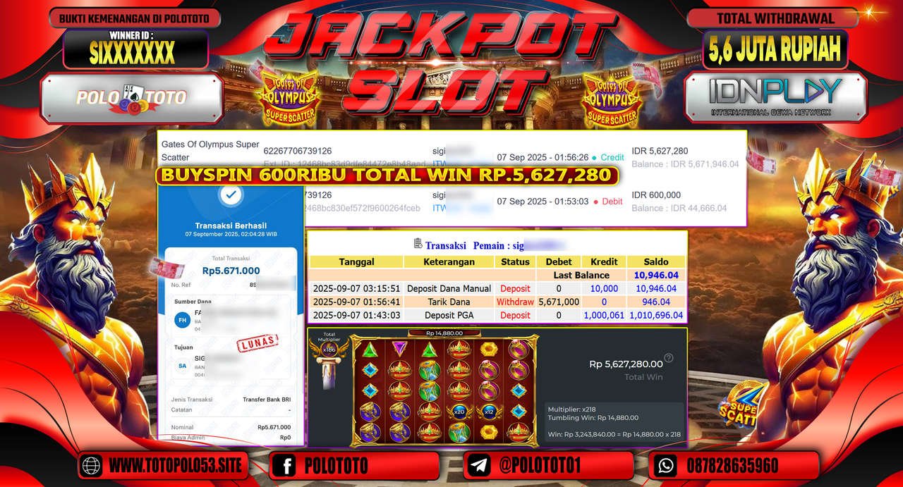 POLOTOTO JACKPOT SLOT GATES OF OLYMPUS SUPER SCATTER Rp.5.671.000,-