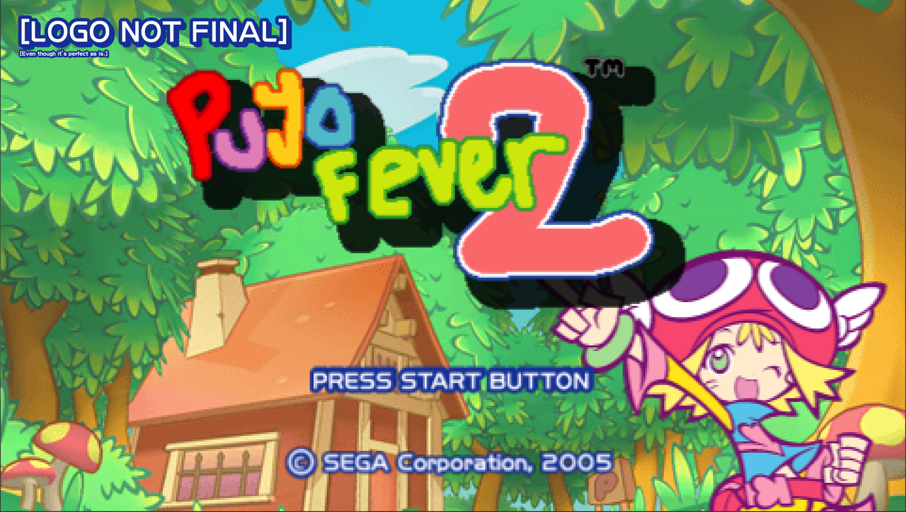 The title screen for our WIP Puyo Puyo Fever 2 patch. It features a crudely drawn logo of the actual Fever 2 logo, showing that we have the ability to edit images!