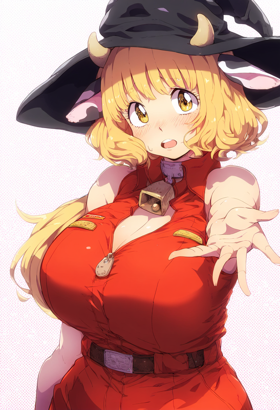 1girl, 1970s (style), polka dot background, portrait, cow ears, cow horns, yello s-2894581042