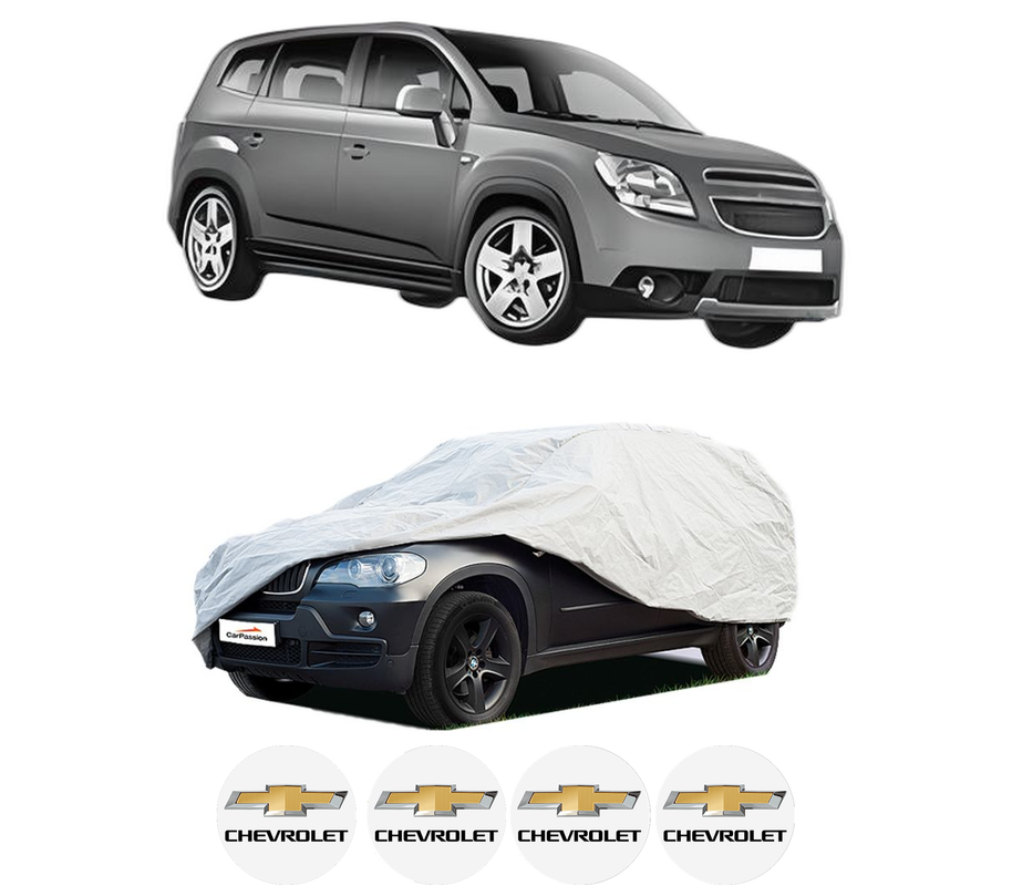 Husa tip prelata auto pentru CHEVROLET ORLANDO (J309) din 2011-2015, Culoare Gri, material textil impermeabil, rezistanta la intemperii praf UV, CARPASSION Husa Protectie, 4 Stickere auto cu CHEVROLET