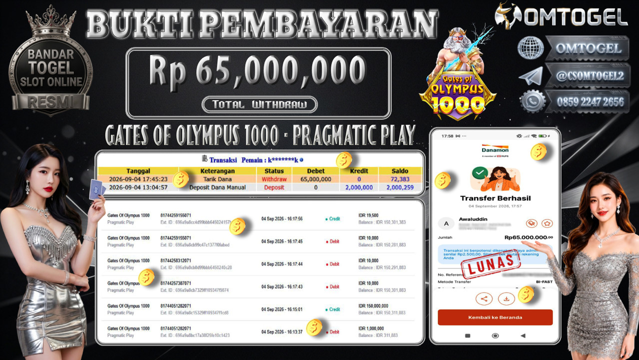OMTOGEL JACKPOT PRAGMATIC PLAY GATES OF OLYMPUS 1000 Rp.65,000,000,- DIBAYAR LUNAS 