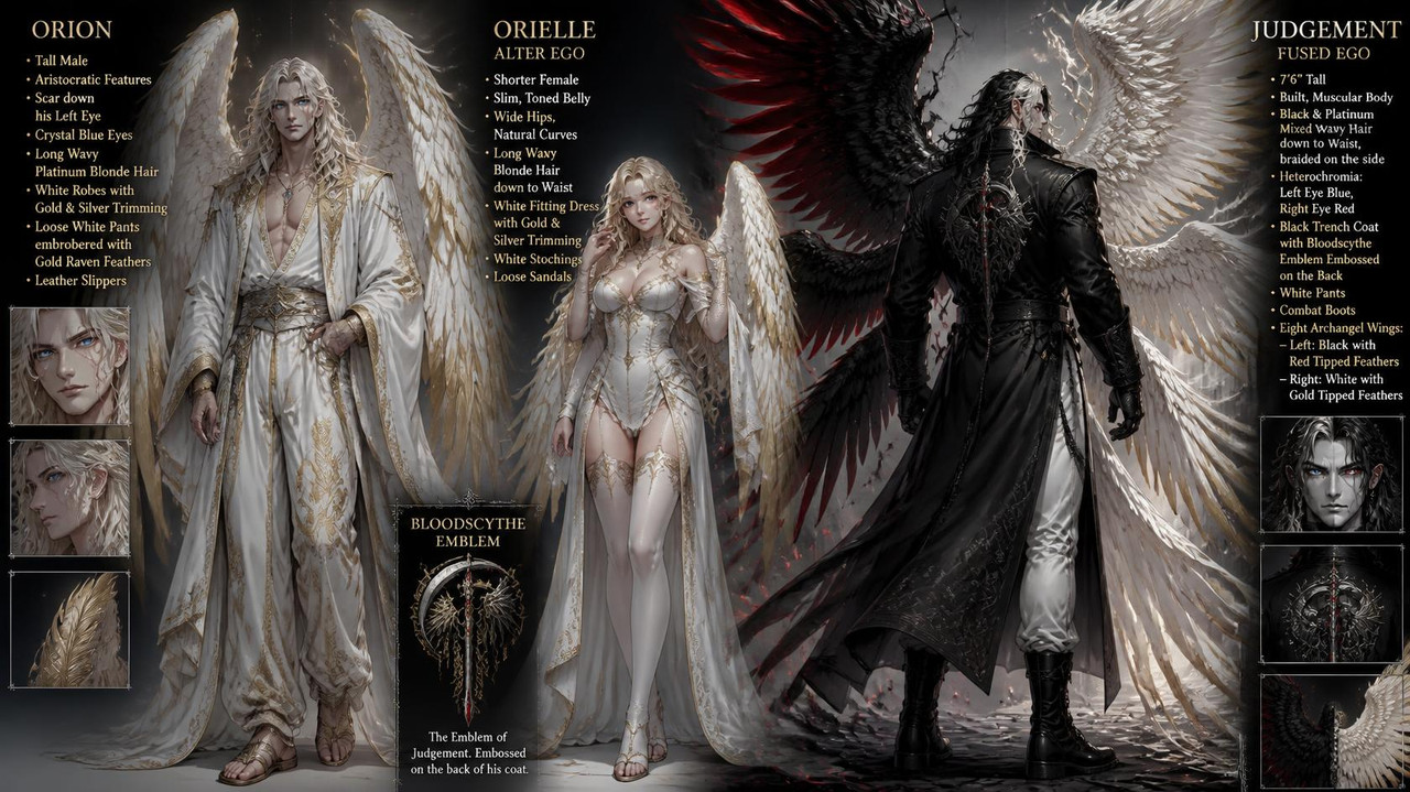 Orion is a tall male with White robes with Gold and silver trimming He has Loose white paints with