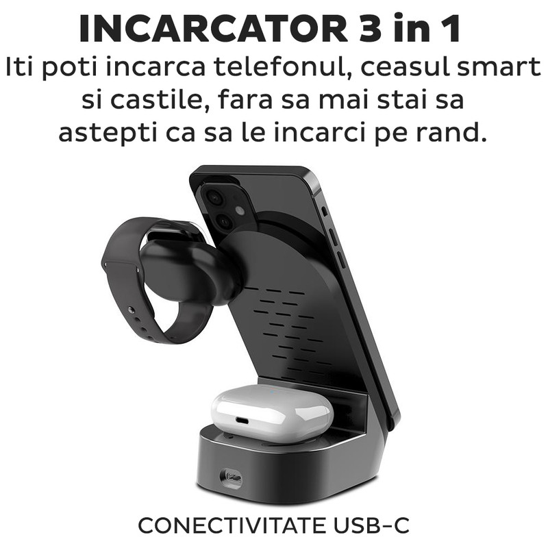 Statie de incarcare wireless 3 in 1 Kaku KSC-778, Incarcare rapida 15W, Qi Charging, USB-C, Negru l 2qzw