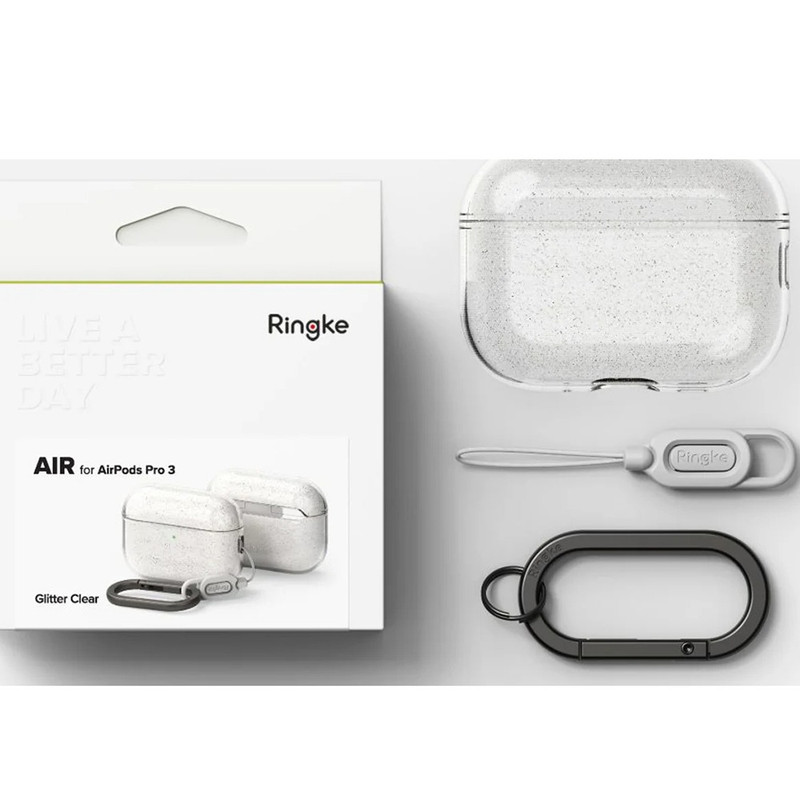 Husa pentru Apple AirPods Pro 3 Ringke, Silicon premium, Breloc Carabina, Snur detasabil, Incarcare Wireless, Transparenta/Glitter imgi 383 2650945