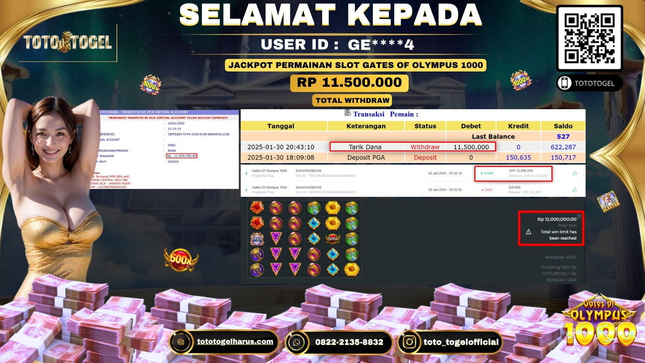 Bukti Pembayaran Jackpot  Permainan Slot Gates Of Olympus 1000  ID:GE****4 LUNAS