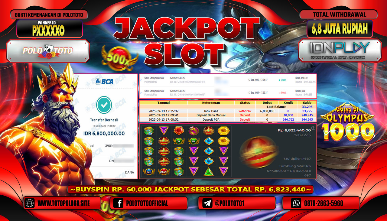 POLOTOTO JACKPOT SLOT GATES OF OLYMPUS 1000 Rp.6.800.000,-LUNAS