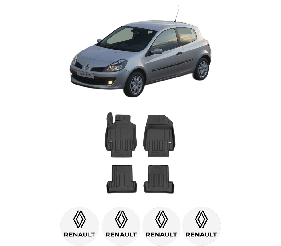 Set covorase presuri RENAULT CLIO III (BR0/1, CR0/1) din 2005-2014, auto, din cauciuc thermoplastic, 4 Stickere auto cu RENAULT