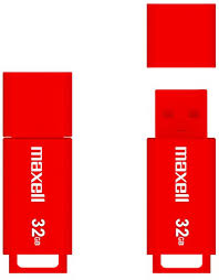 Memoria USB Maxell de 32GB en color rojo con diseño retráctil.