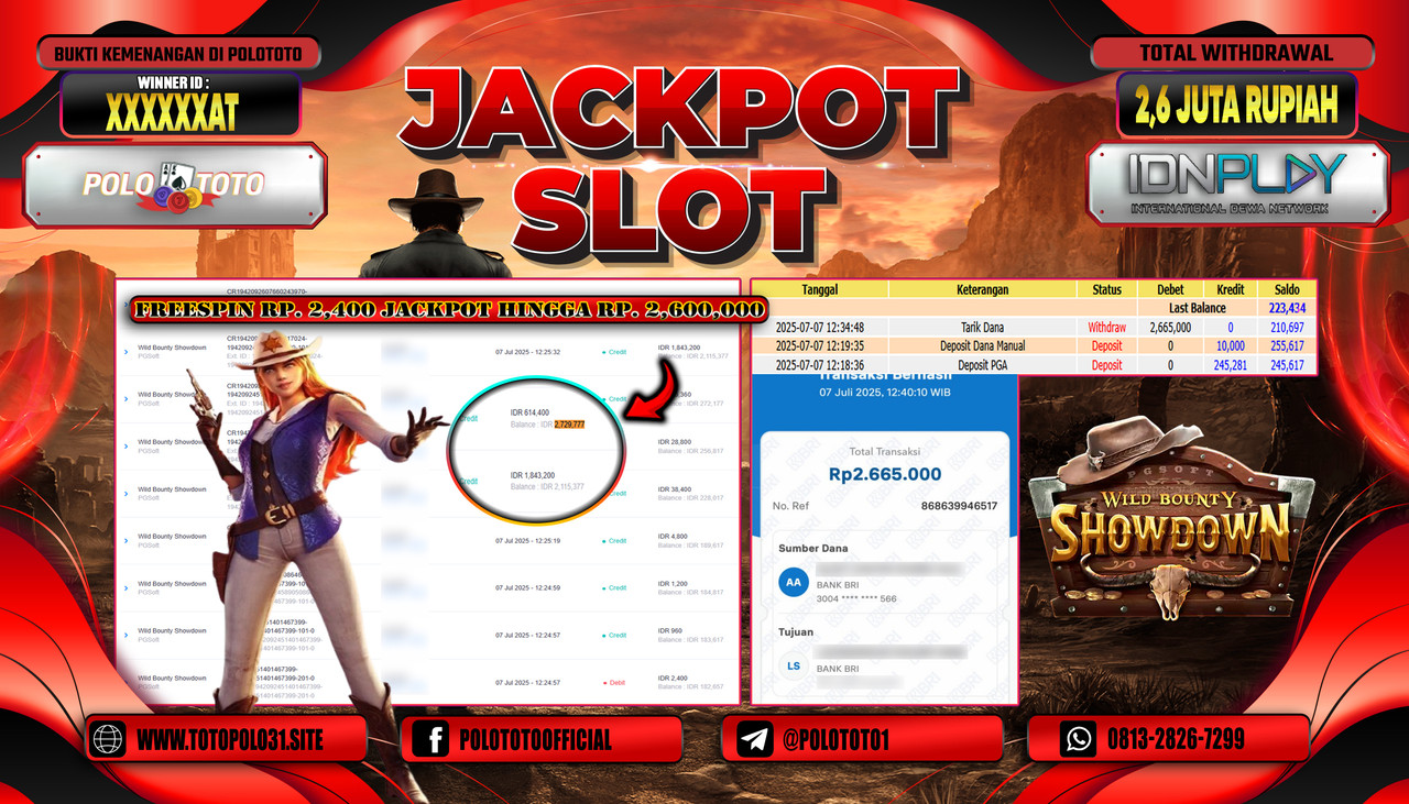 POLOTOTO JACKPOT SLOT WILD BOUNTY SHOWDOWN Rp.2.600.000,- LUNAS