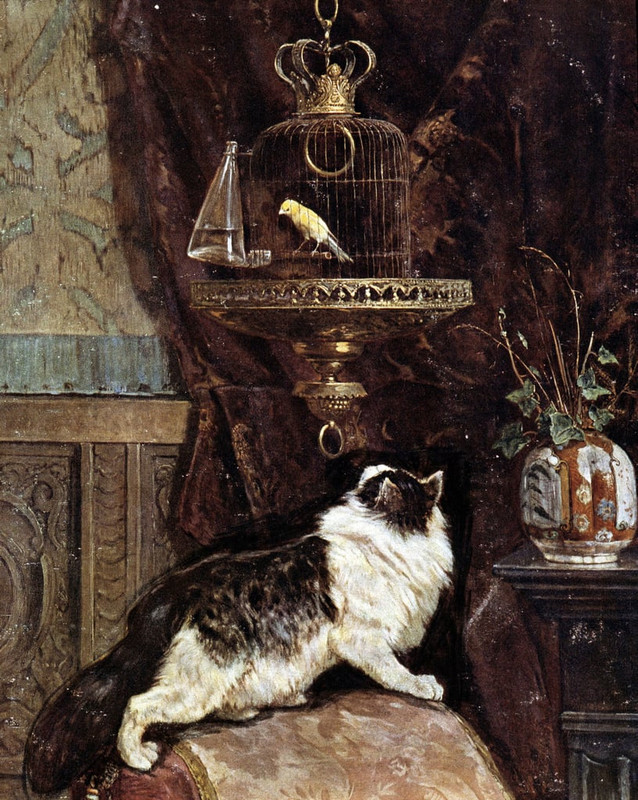 Henritte_Ronner_Knip_-_Cat_spying_on_a_bird_in_a_cage_-_by_Henriette_Ronner_-_(MeisterDrucke-1027330