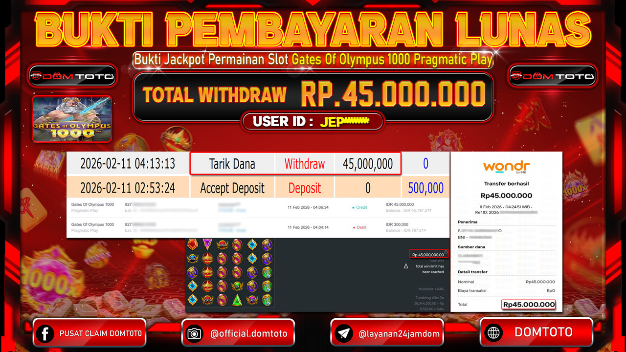JACKPOT SLOT Menang Slot Gates Of Olympus 1000 Pragmatic Play 11 FEBRUARI 2026