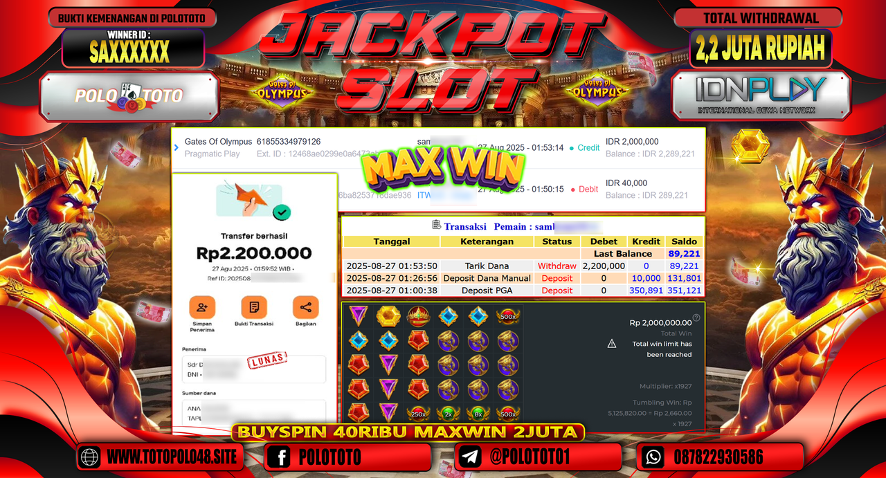 POLOTOTO JACKPOT SLOT GATES OF OLYMPUS Rp.2.200.000,-