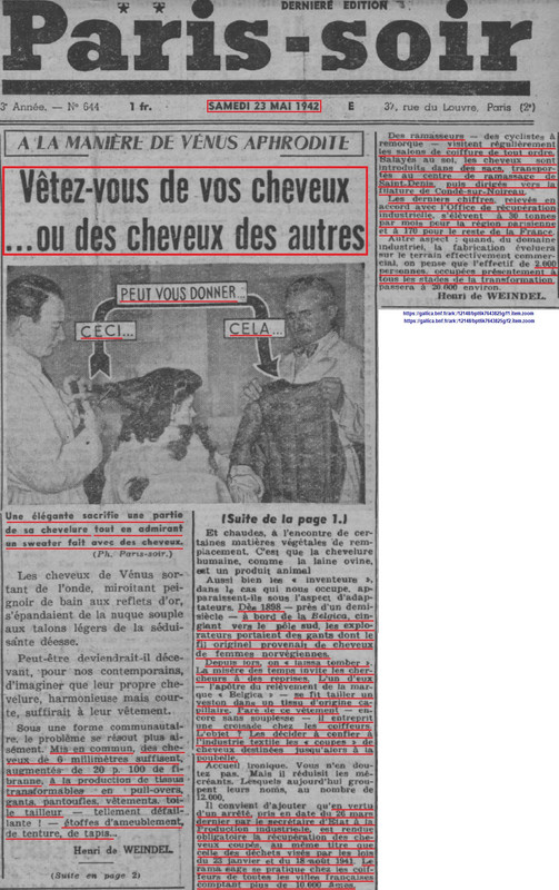 Holocaust - Paris-Soir - May 1942 - Vêtez-vous de vos cheveux ou des cheveux des autres - hair - Fra