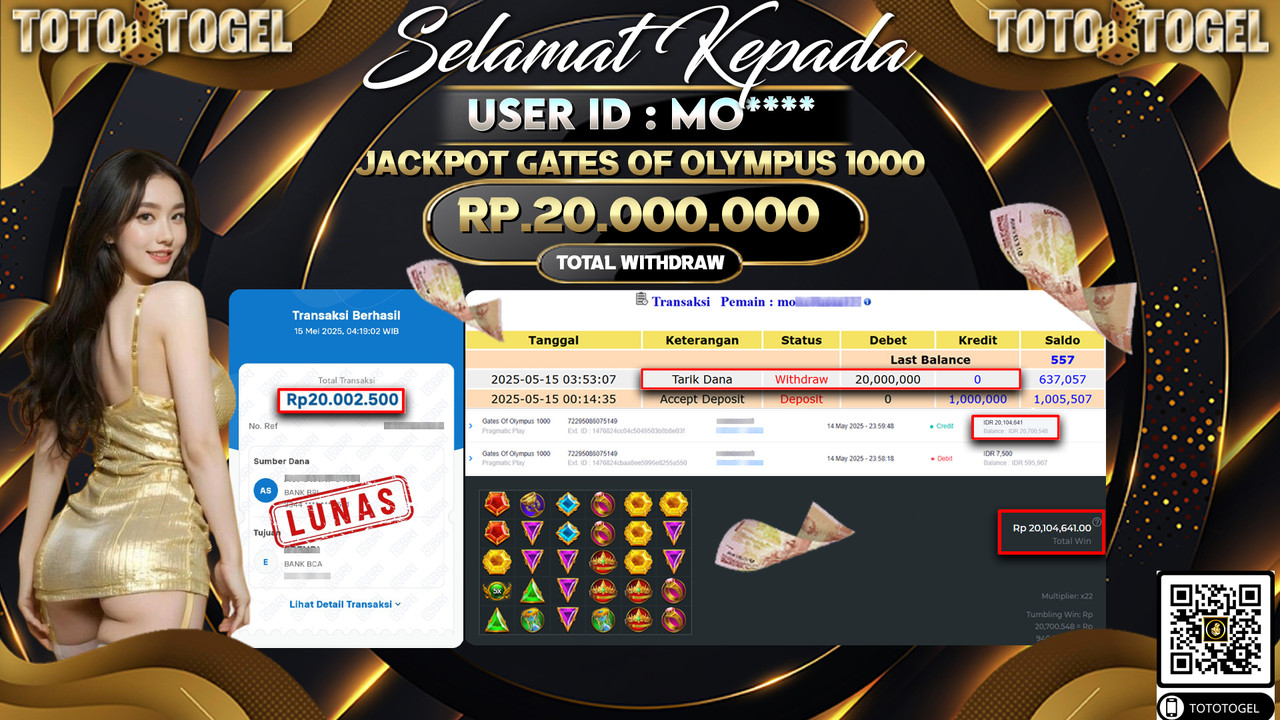 Bukti Pembayaran Jackpot  Permainan Slot Gates Of Olympus 1000 ID:MO***** LUNAS