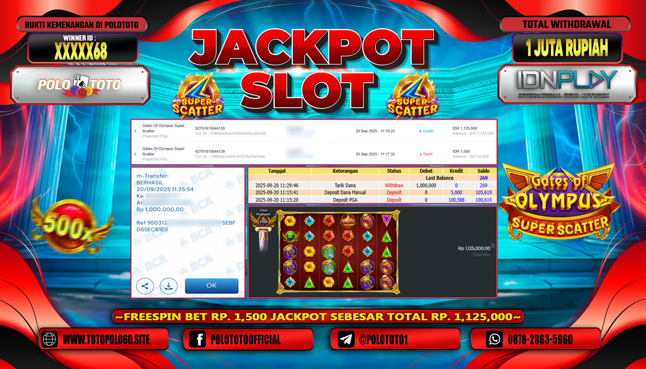 OLOTOTO JACKPOT SLOT GATES OF OLYMPUS SUPER SCATTER Rp.1.000.000,- LUNAS