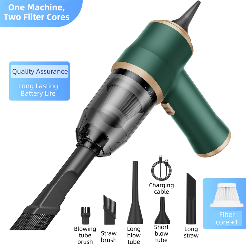 4-in1 Green Wireless Compact Handheld Car Vacuum Cleaner & Air Duster with 5 Nozzles/Brushes- 15000 Pa Ultra-Powerful Blower/Suction Tool for Auto, Home & Office