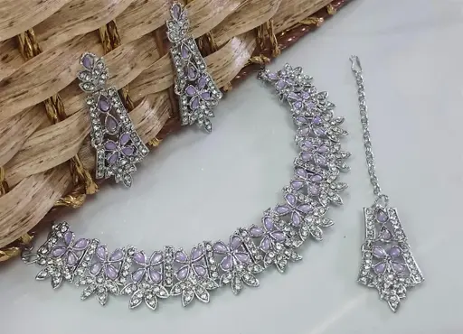 Rhodium Plated Necklace Set With Light Purple Color Kundan (A105)