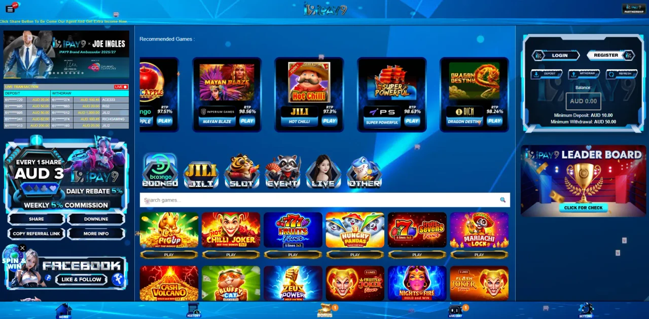 Screenshot of the iPay9 Casino mobile app interface showing game categories