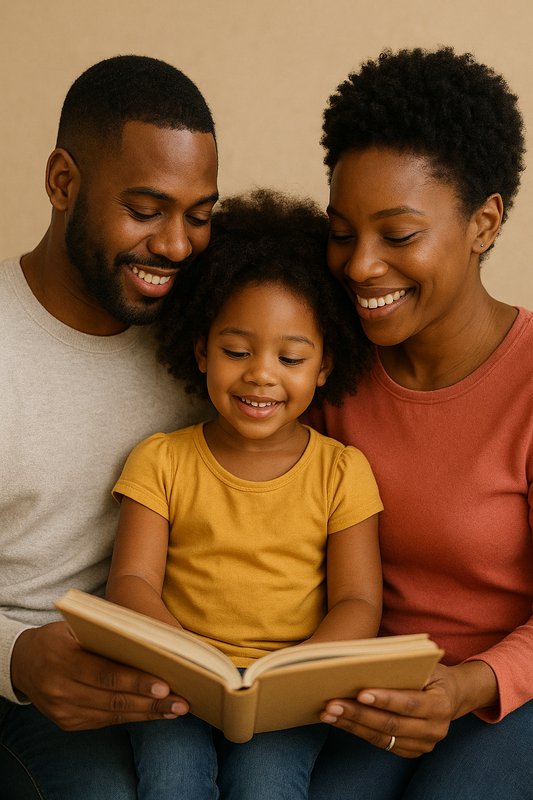 A warm and caring moment between a parent and child, like reading a book together, showcasing loving, faith-based guidance.
