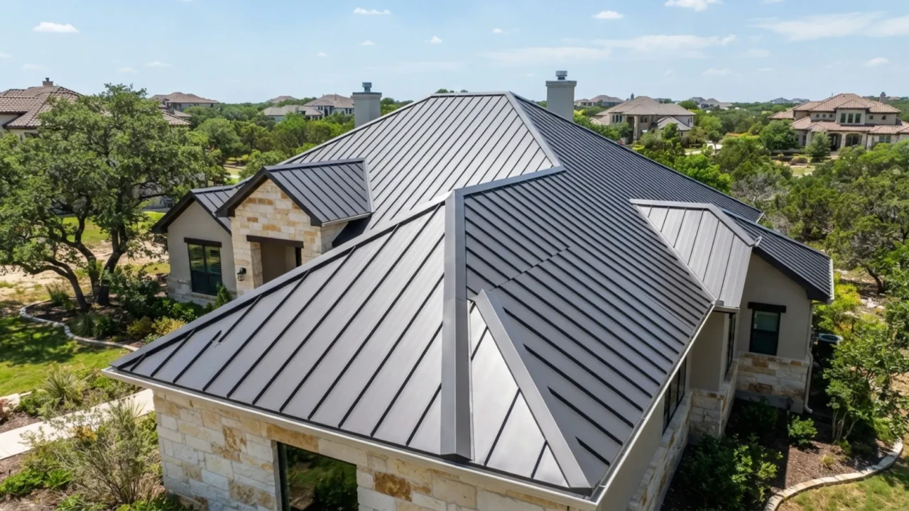 Completed metal roof installation on San Antonio residential home showing clean ridge cap and panel alignment