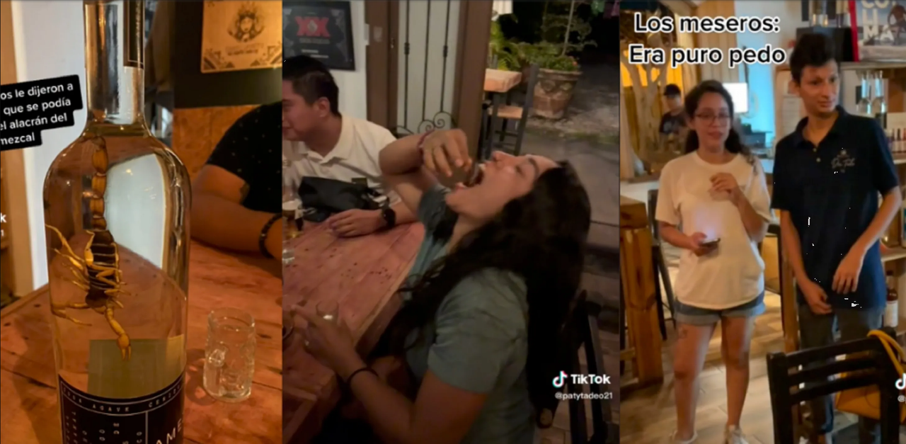 Mujer se hace viral por tragarse un escorpión de mezcal ¡Este es el video!