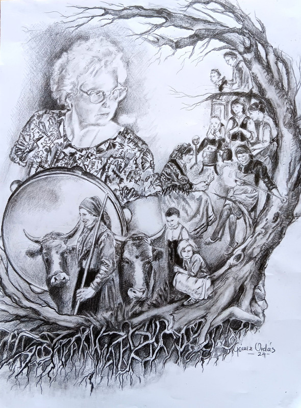 Ilustración de Carmen Gómez Ordás para el libro 'Eva González Fernández. Garante de la tradición y de la lengua leonesa'.