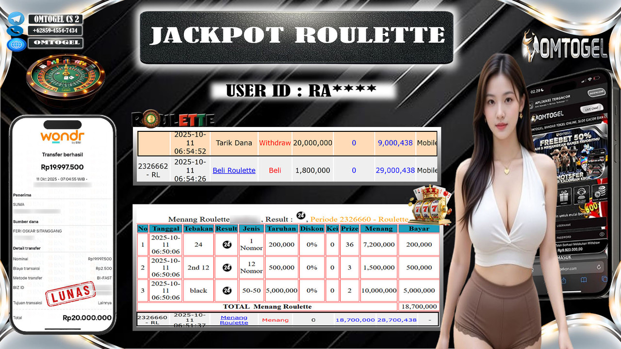 OMTOGEL JACKPOT LIVE GAMES ROULETTE 20 JUTA DI BAYAR LUNAS ,-
