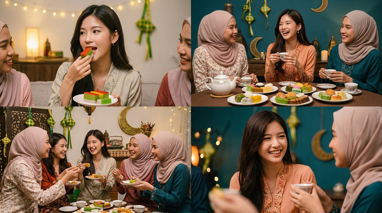 Woman eating kueh with friends 986c2e5541