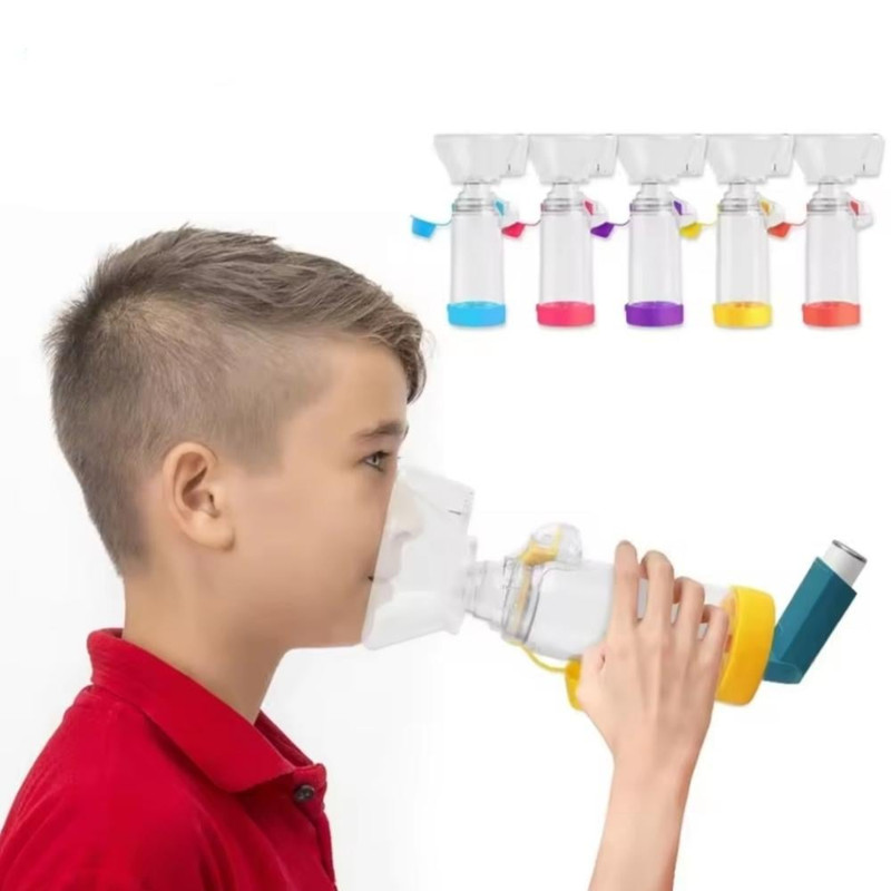 Child using pMDI inhaler with spacer and face mask