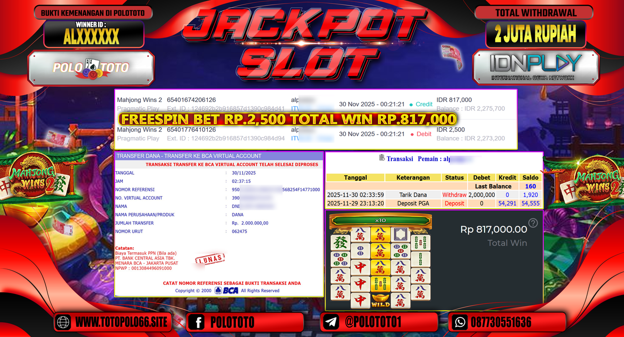POLOTOTO JACKPOT SLOT MAHJONG WINS 2 Rp.2.000.000,- LUNAS