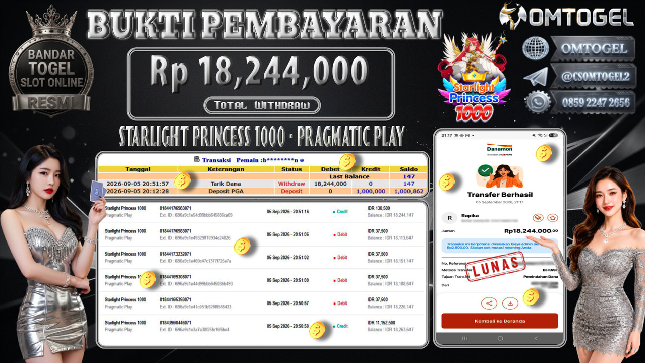OMTOGEL JACKPOT PRAGMATIC PLAY STARLIGHT PRINCESS 1000 Rp.18,244,000,- DIBAYAR LUNAS 