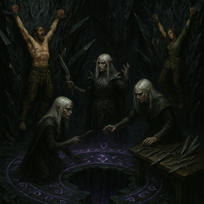 Interior of a dark obsidian torture chamber Adventurers chained to black stone walls over a deep a