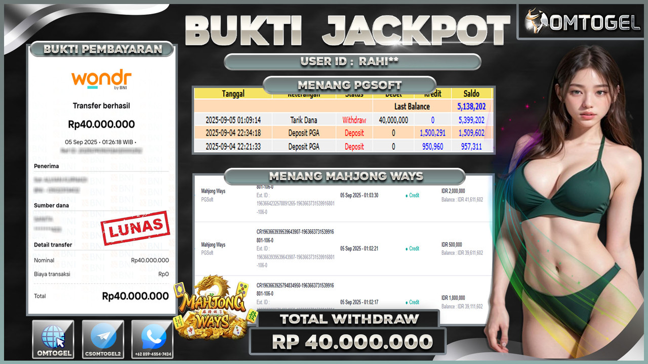 OMTOGEL JACKPOT PGSOFT MAHJONG WAYS 40 JUTA DI BAYAR LUNAS ,-