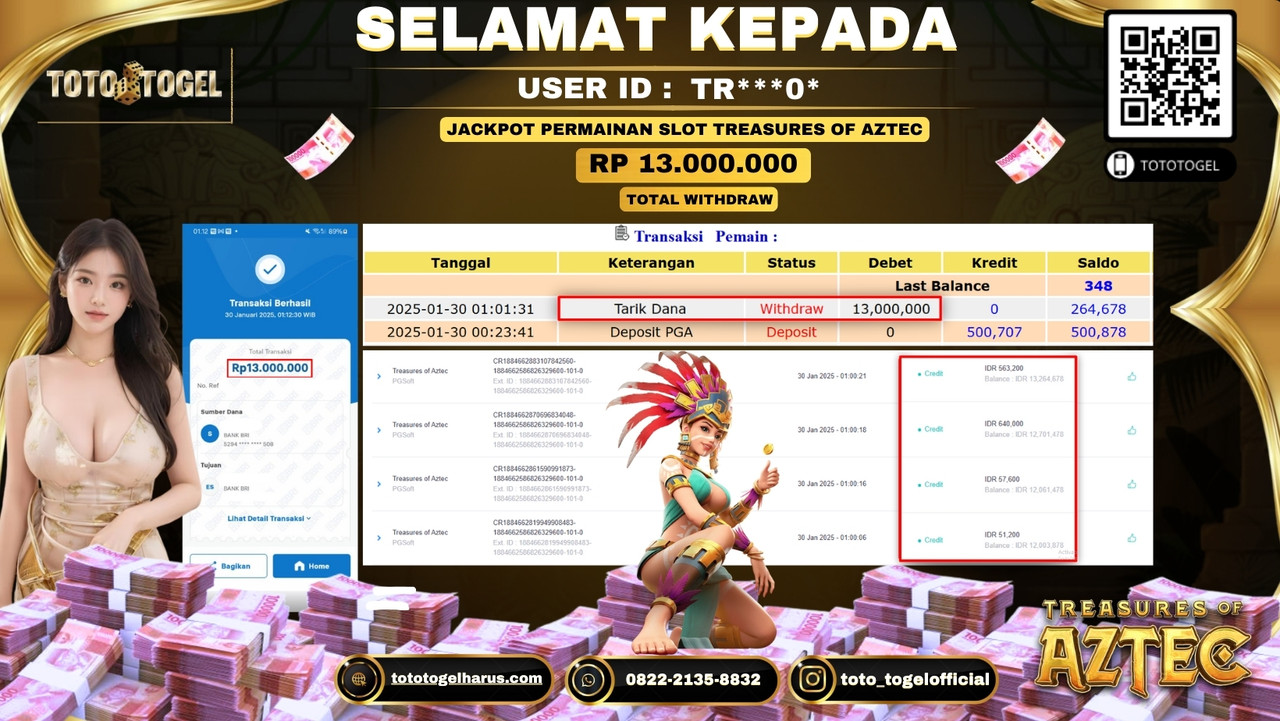 Bukti Pembayaran Jackpot  Permainan Slot Treasures Of Aztec  ID:TR****0* LUNAS
