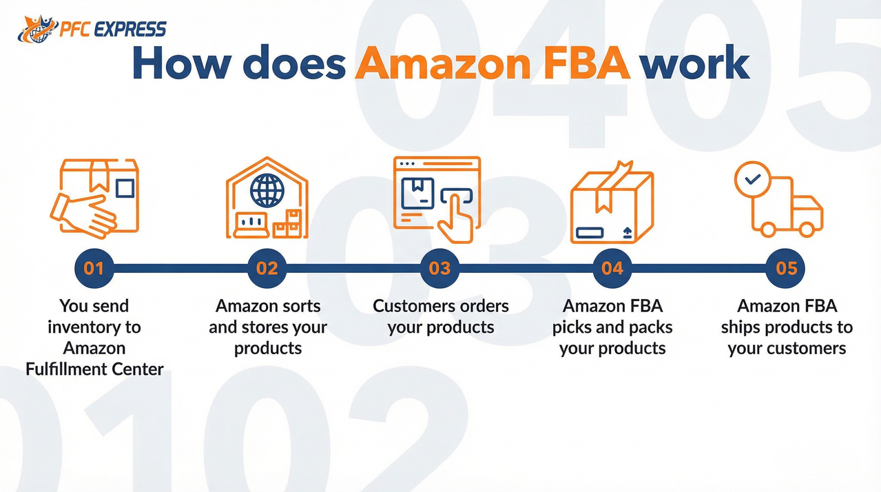 How Does Amazon FBA Work - Complete workflow diagram from sourcing to customer delivery