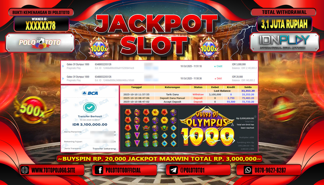POLOTOTO JACKPOT SLOT GATES OF OLYMPUS 1000 Rp.3.100.000,- LUNAS