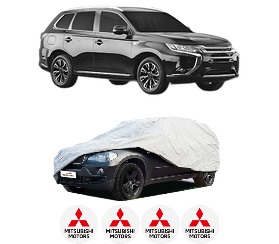 Husa tip prelata auto pentru MITSUBISHI OUTLANDER III Van (GF_W, GG_W) din 2013-2018, Culoare Gri, material textil impermeabil, rezistanta la intemperii praf UV, CARPASSION Husa Protectie, 4 Stickere auto cu MITSUBISHI